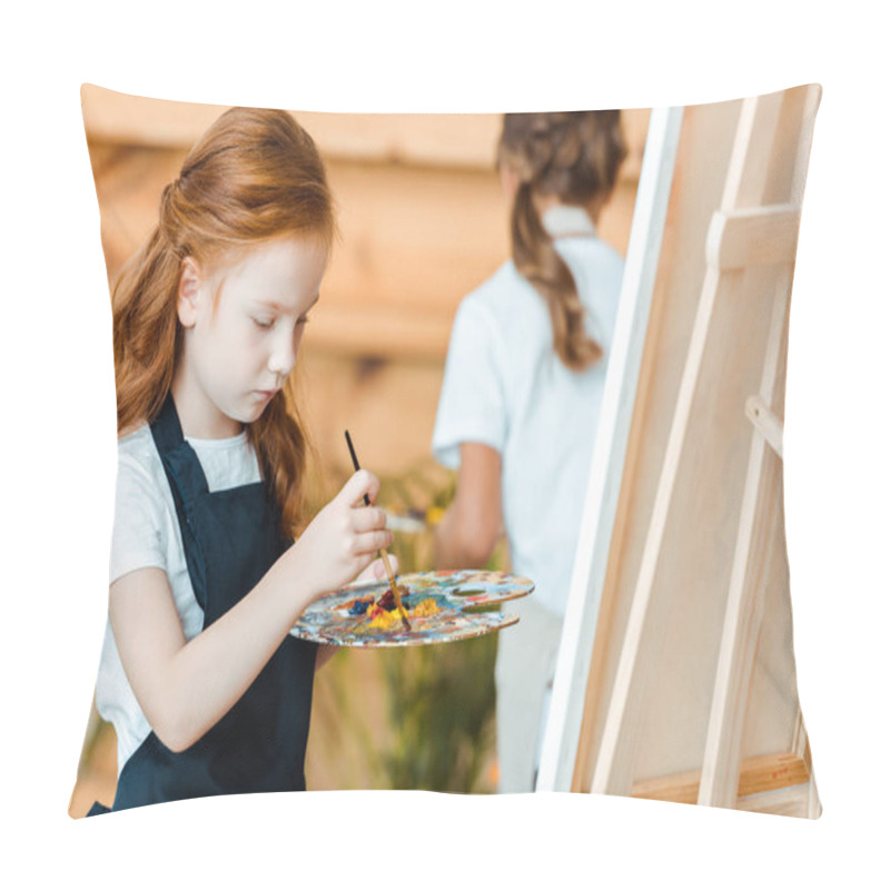 Personality  Selective Focus Of Cute Redhead Kid Painting In Art School Near Child Pillow Covers