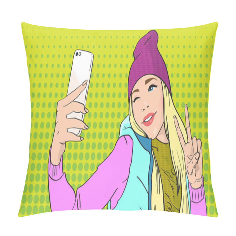 Personality  Girl Taking Selfie Photo On Smart Phone Show Two Finger Peace Gesture Pillow Covers