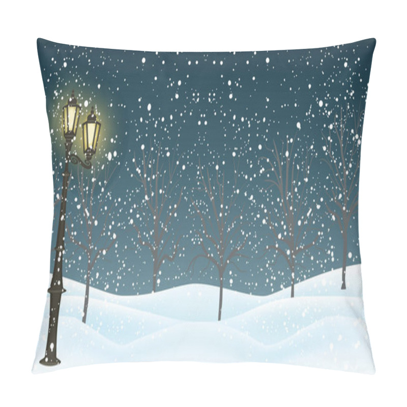 Personality  Winter Night Landscape - Street Light, Snowfall, Trees, Drifts - Art Vector Illustration Pillow Covers