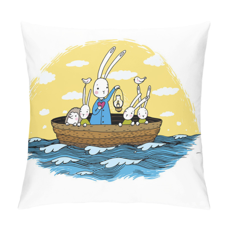 Personality  Cute Little Hares And Hedgehog Floating In A Boat On The River. Pillow Covers