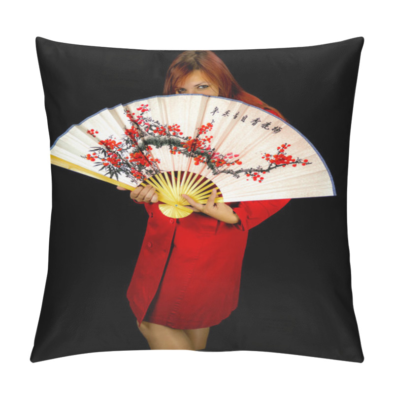 Personality  Girl Hiding Behind Japaneese Fan. Pillow Covers