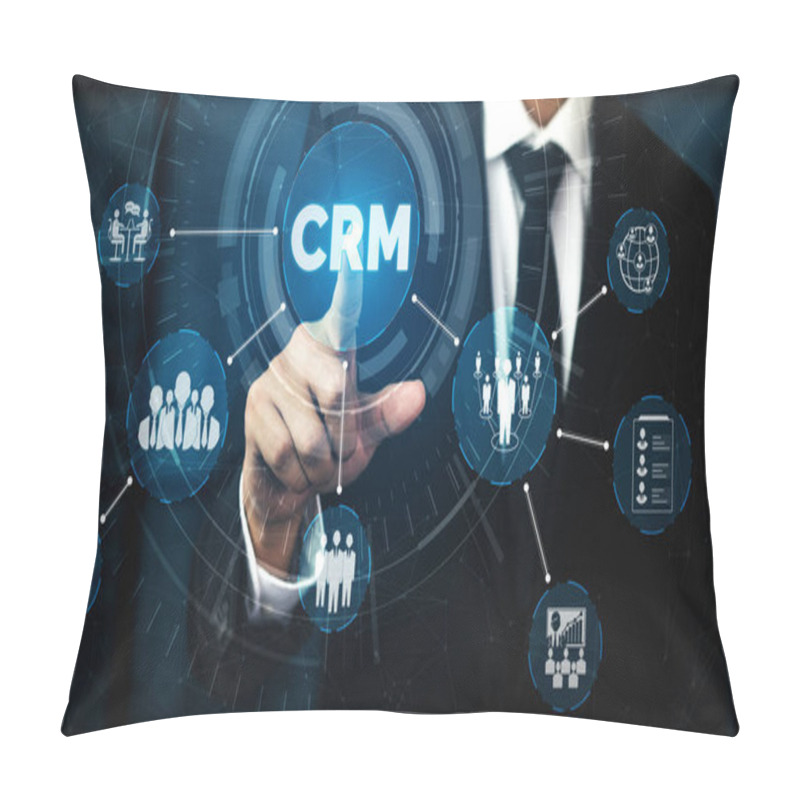 Personality  CRM Customer Relationship Management For Business Sales Marketing System Concept Presented In Futuristic Graphic Interface Of Service Application To Support CRM Database Analysis. Pillow Covers