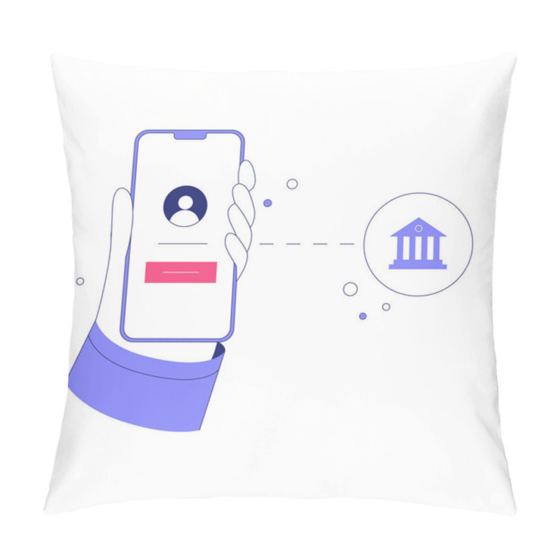 Personality  Hand Holding Smartphone With A Login Screen And Connecting To A Bank Icon, Representing Online Banking, User Authentication, And Secure Account Management. Pillow Covers