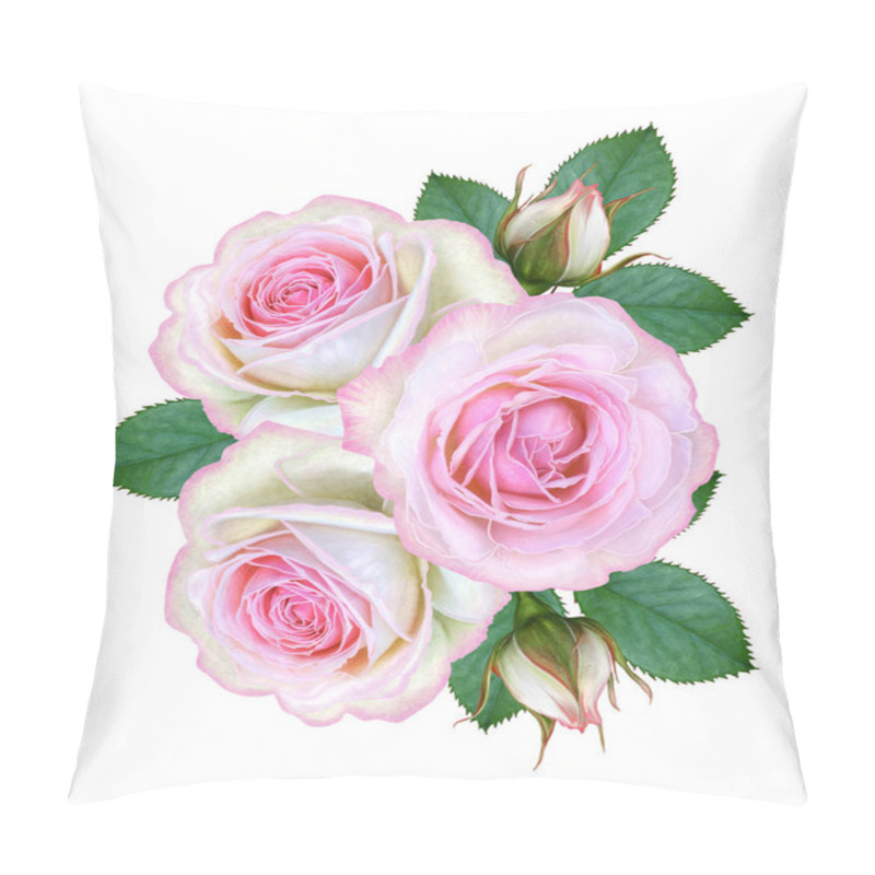 Personality  Flower Composition. A Bouquet Of Delicate Pink Roses, Buds, Green Leaves. Isolated On White Background. Pillow Covers