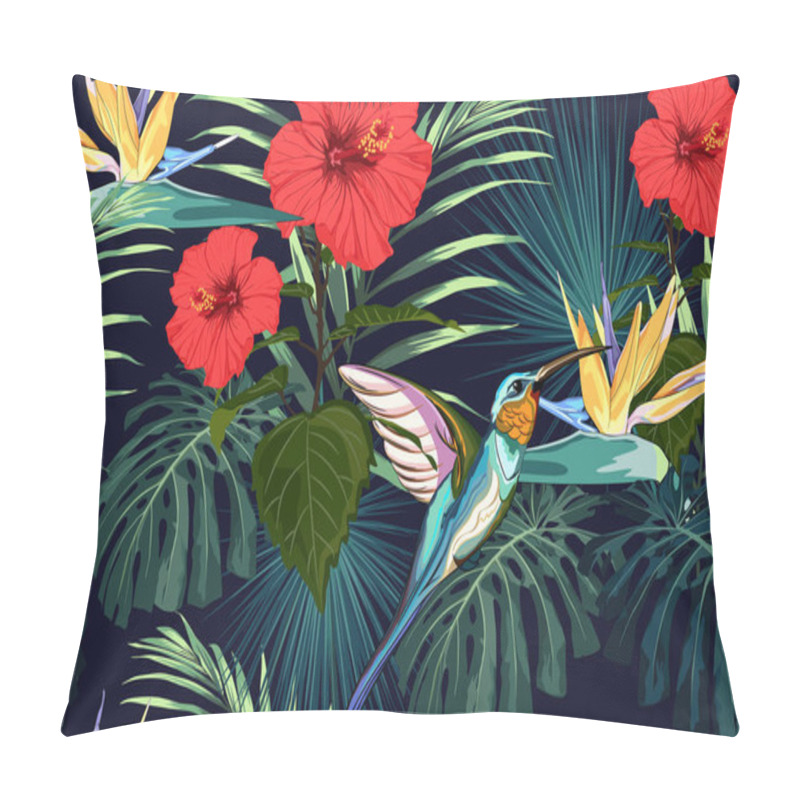 Personality  Beautiful Seamless Vector Floral Summer Pattern Background With Hummingbird, Exotic Flowers And Palm Leaves. Perfect For Wallpapers, Web Page Backgrounds, Surface Textures, Textile. Pillow Covers