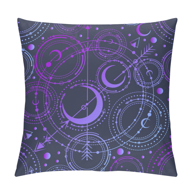 Personality  Vector Illustration, Astronomical Geometry, Moon, Stars, Handmade, Seamless Pattern, Violet Background Pillow Covers