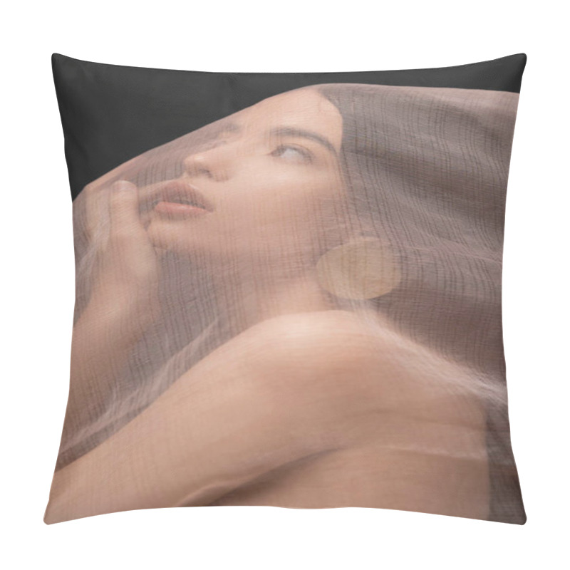 Personality  Portrait Of Young Asian Woman With Naked Shoulder Standing Under Beige Cloth Isolated On Black Pillow Covers