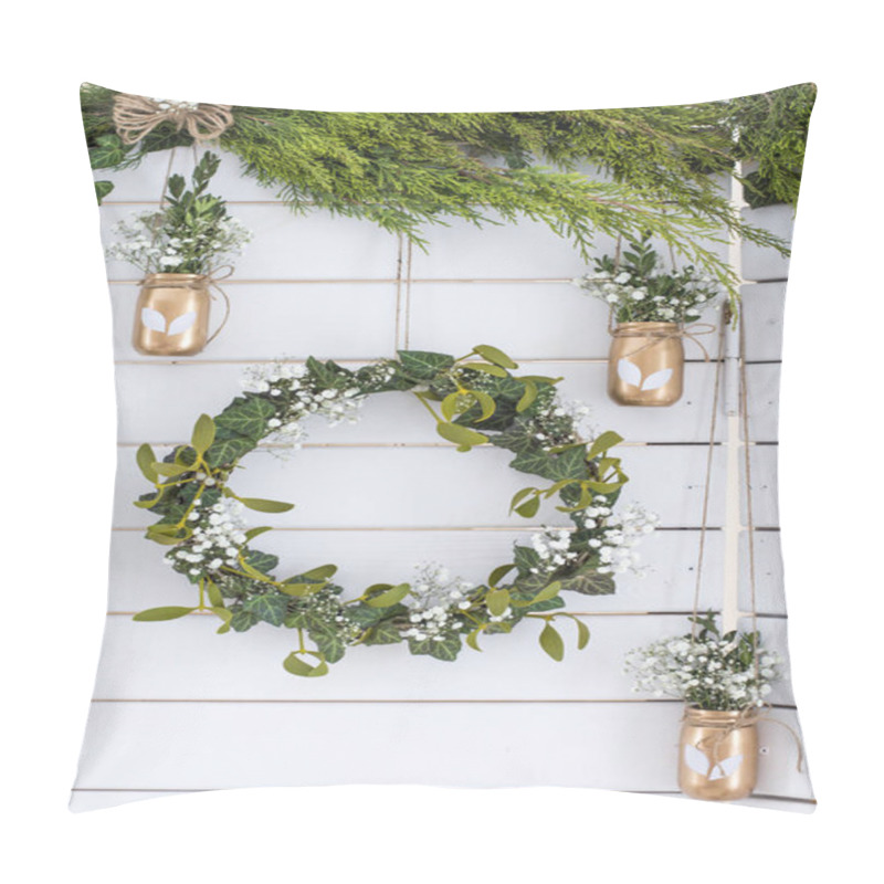 Personality  Spring Decor. Easter Decor. Photozone. A Wreath Of Leaves On A Wooden White Background. Vase With Flowers Pillow Covers