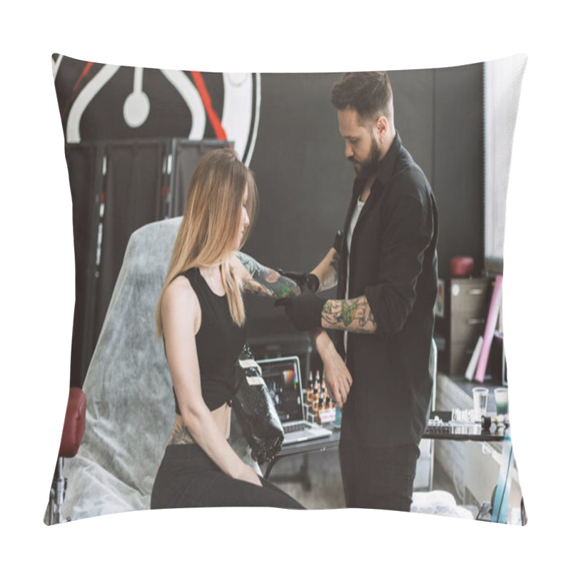 Personality  Professional Tattooer Discussing With Girl New Tattoo On Hand In Modern Tattoo Studio Pillow Covers