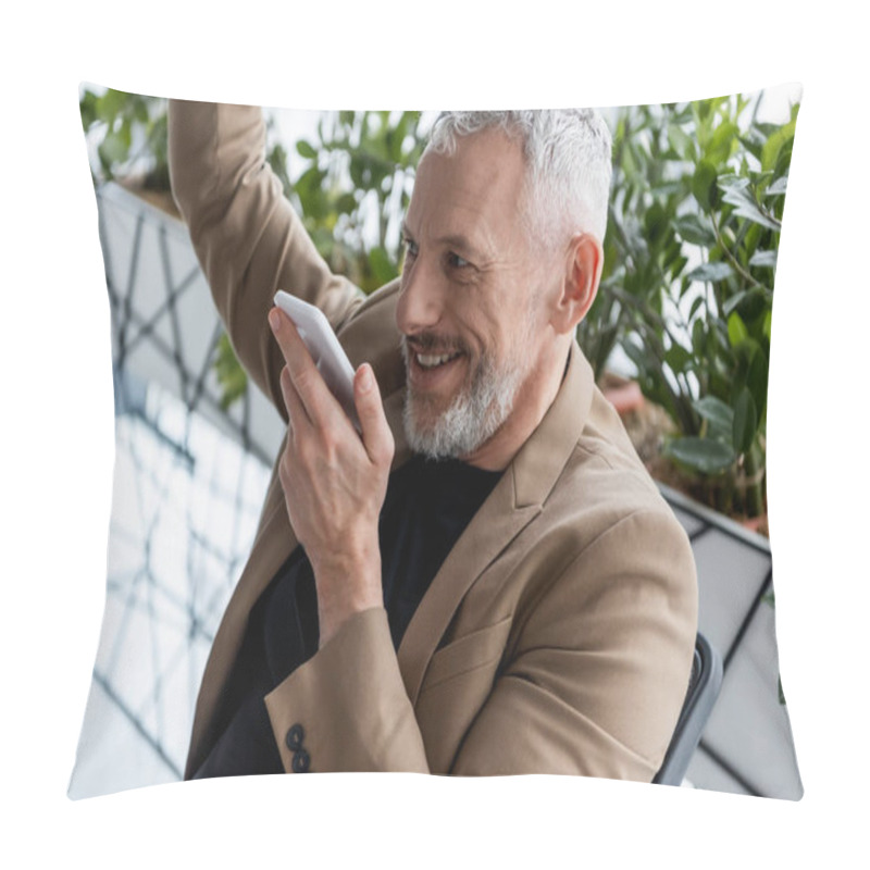 Personality  Cheerful Businessman Recording Voice Message Near Green Plants In Office  Pillow Covers