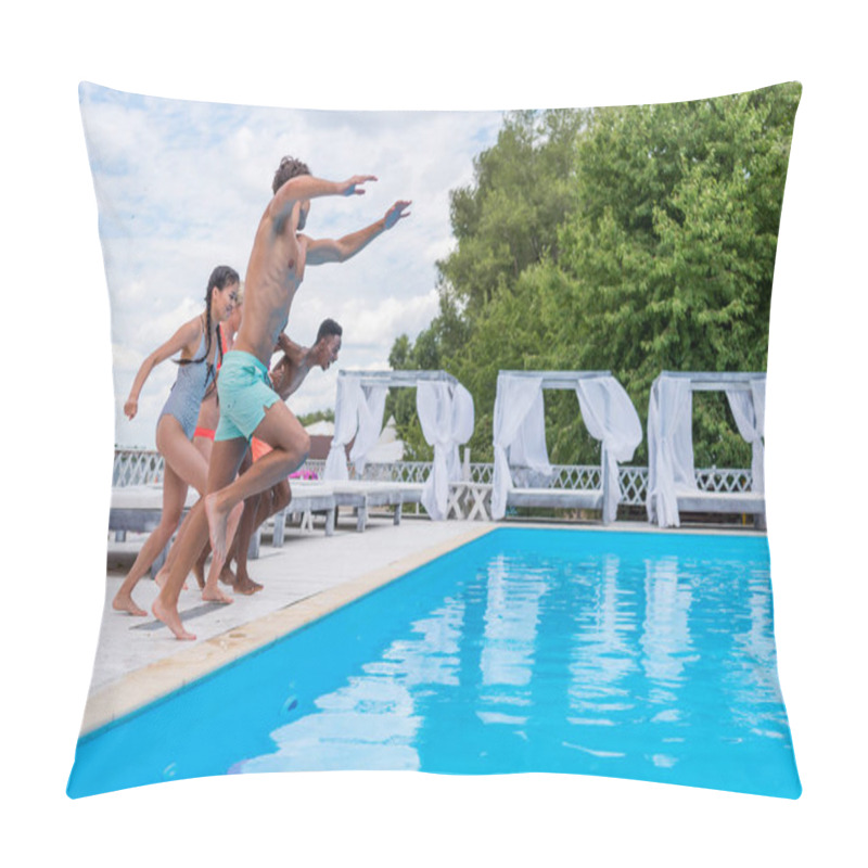 Personality  Multiethnic People Jumping Into Swimming Pool  Pillow Covers