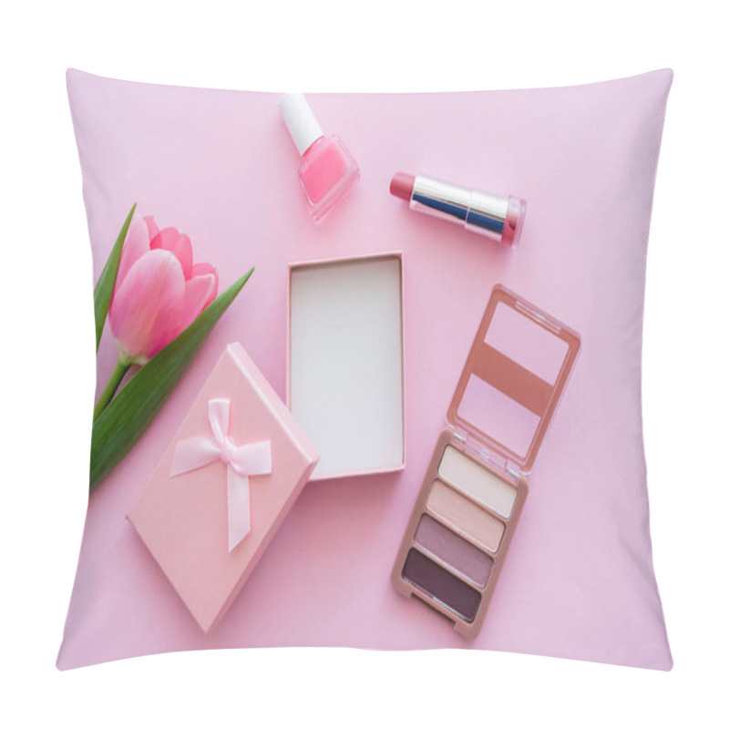 Personality  Top View Of Blooming Tulip Near Gift Box And Decorative Cosmetics On Pink Pillow Covers