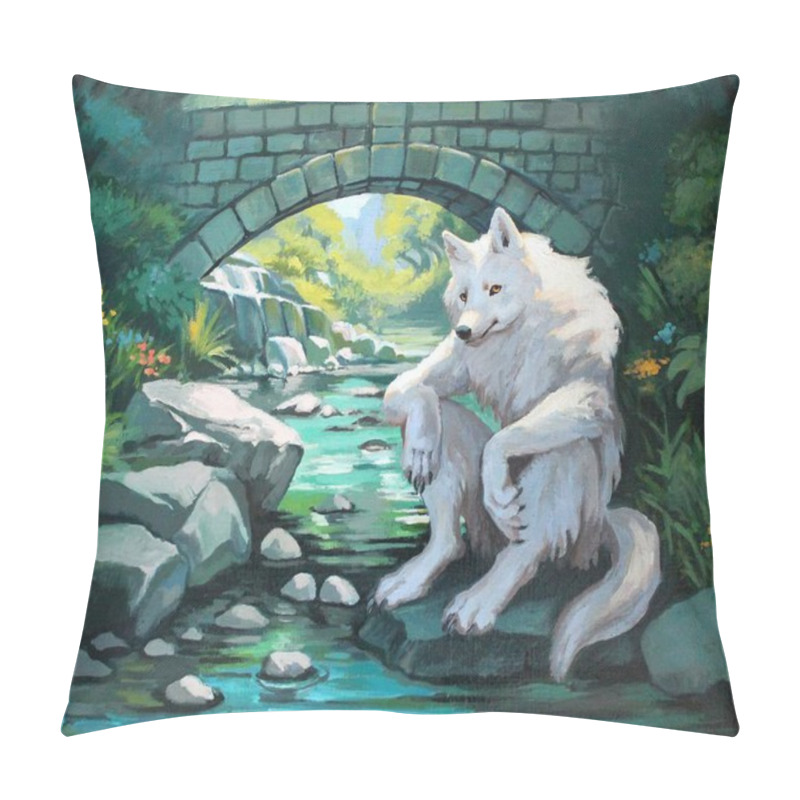 Personality  White Furry Wolf Werewolf Sits And Rests By The Stream, There Is A Bridge In The Background, The Sun Is Shining, Lots Of Greenery And Flowers. Handmade Oil Painting On Canvas Pillow Covers