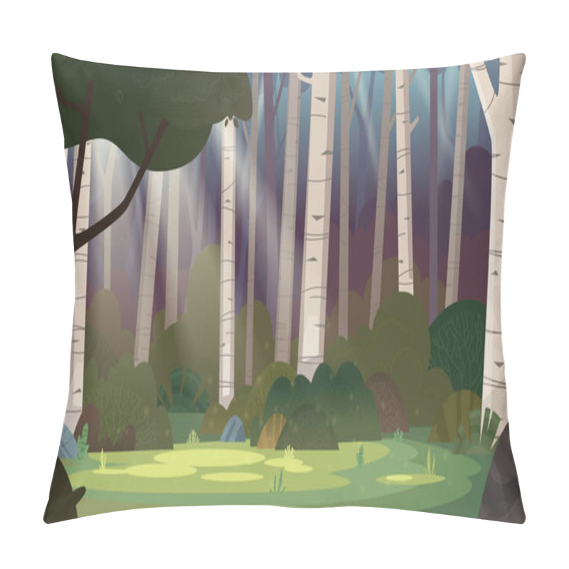 Personality  Cartoon Magic Summer Birch Forest Glade With Sunbeams. Forest Wilderness Landscape.  Pillow Covers