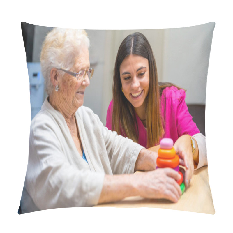 Personality  Cute Nurse Helping A Woman To Play Board Skill Game In A Nursing Home Pillow Covers