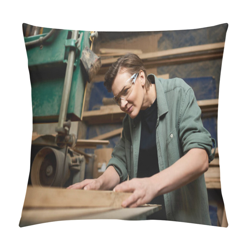 Personality  A Skilled Female Carpenter Focuses Intently As She Meticulously Shapes Wood In Her Busy Workshop. Pillow Covers