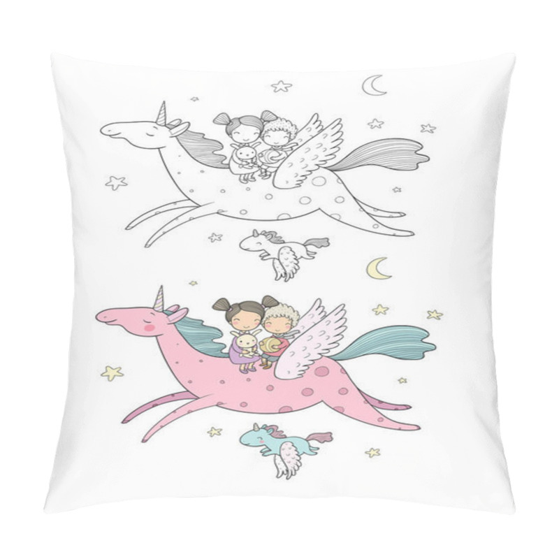 Personality  Prince And Princess Are Flying On A Unicorn. Cute Cartoon Kids And Magic Pony. Pillow Covers