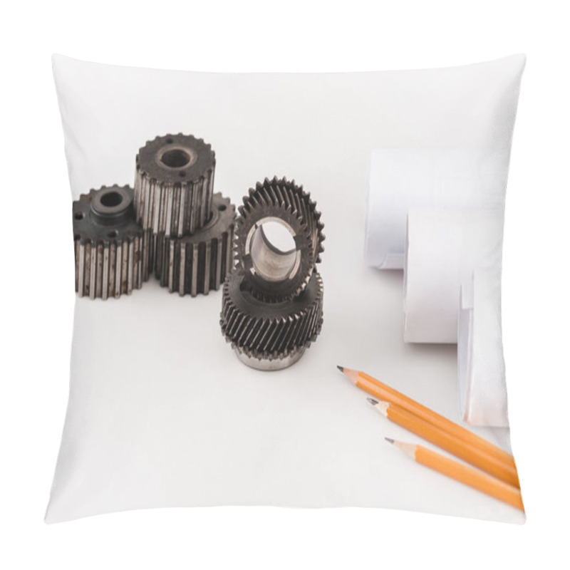 Personality  Metal Round Gears Near Rolled Blueprints And Pencils On White Background Pillow Covers