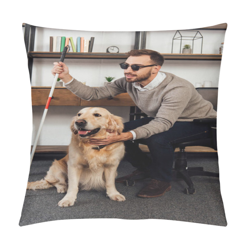 Personality  Blind Man With Walking Stick Petting Golden Retriever At Home Pillow Covers