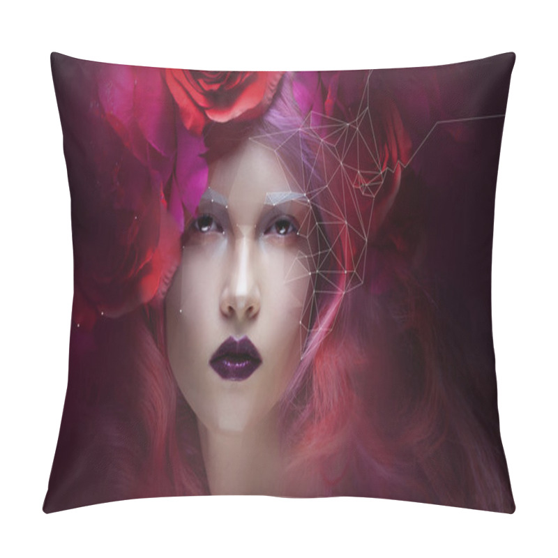 Personality  Beautiful Girl With Bright Pink Hair, Small Effect Low Poly. Cybernetic Futuristic Concept For Your Design Pillow Covers