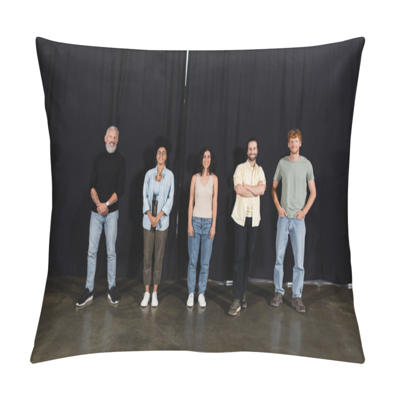 Personality  Full Length Of Happy Art Director With Young Multicultural Actors Standing On Theater Stage And Looking At Camera Pillow Covers