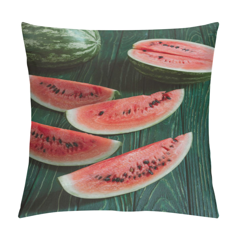 Personality  Close Up View Of Watermelon Slices On Green Wooden Surface Pillow Covers