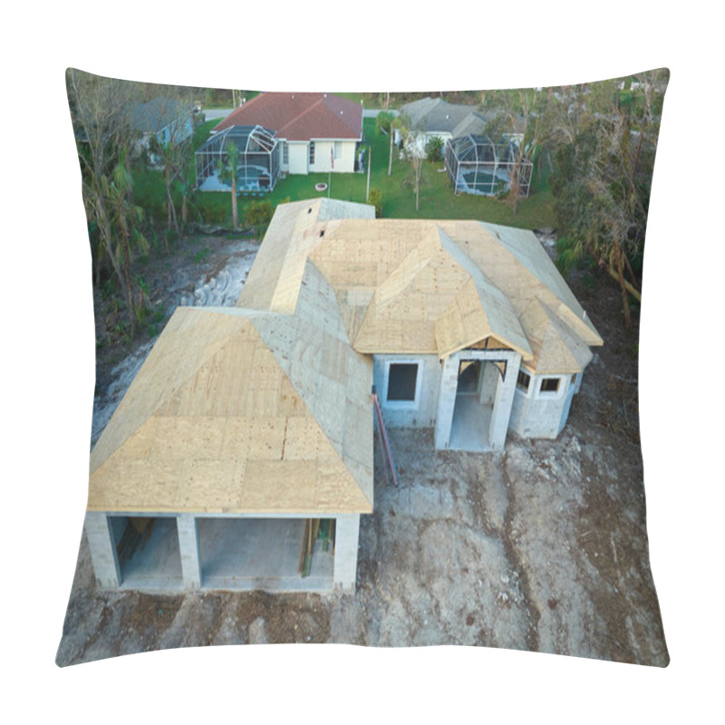 Personality  Aerial View Of Residential Private Home With Wooden Roofing Structure Under Construction In Florida Quiet Rural Area. Real Estate Development Concept. Pillow Covers