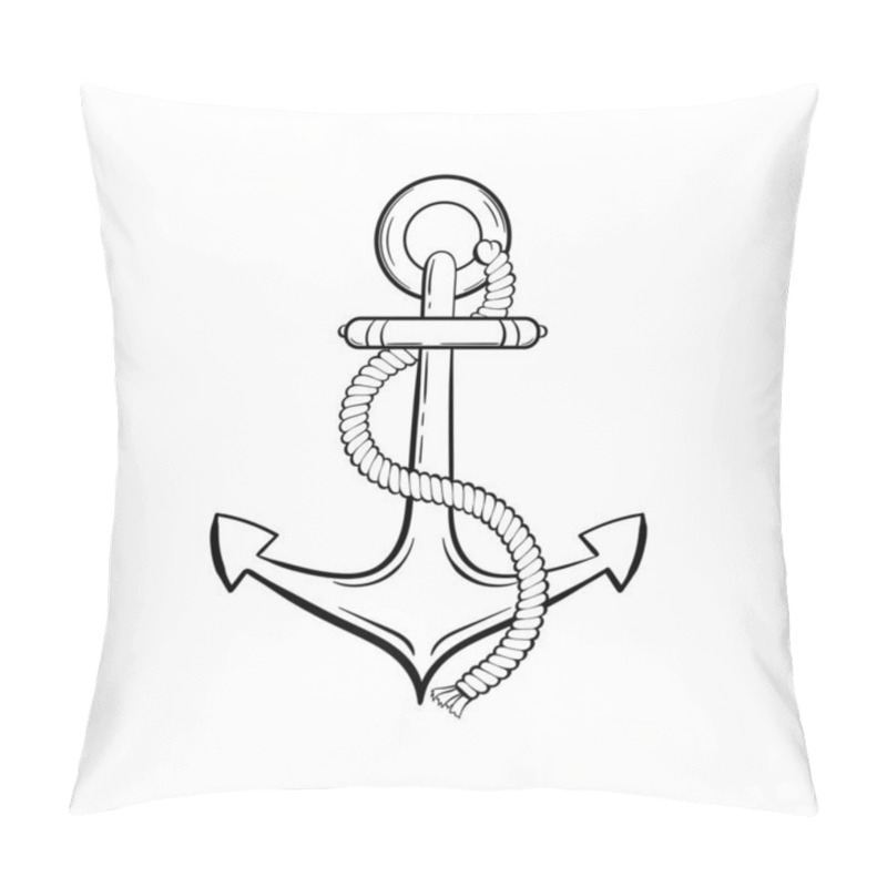 Personality  Anchor With Rope Black Ink Vector Illustration. Sea Boat, Yacht, Ship Safety Equipment Sketch. Ancient Anchor Vintage Engraving. Marine Adventure Symbol. Sailing Club Logo, Poster Design Element Pillow Covers