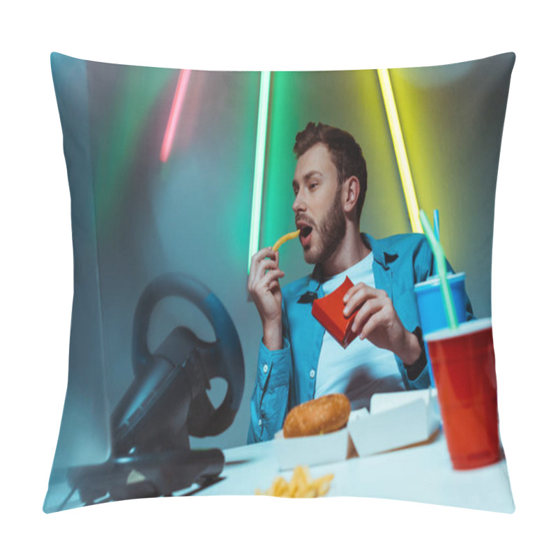 Personality  Good-looking And Handsome Man Eating French Fries And Looking At Computer Monitor  Pillow Covers