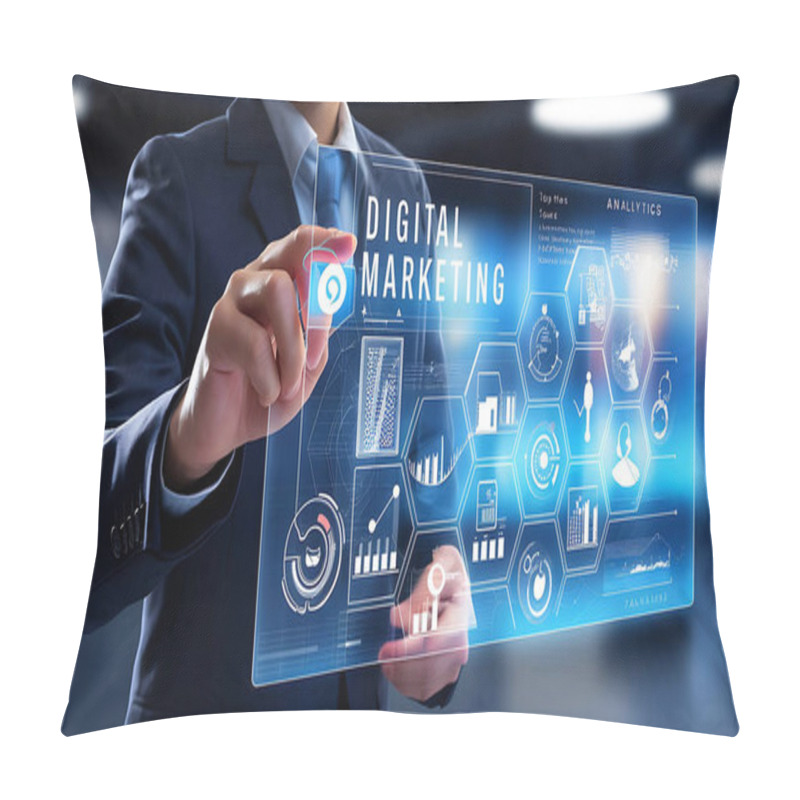 Personality  Businessperson In Suit, Futuristic Digital Interface, Digital Marketing, Technology Icons, Analytics Icons, Commerce Icons, Business Technology, Digital Business Interaction, Marketing Technology, Tech Analytics, Business Analytics, Digital Commerce, Pillow Covers