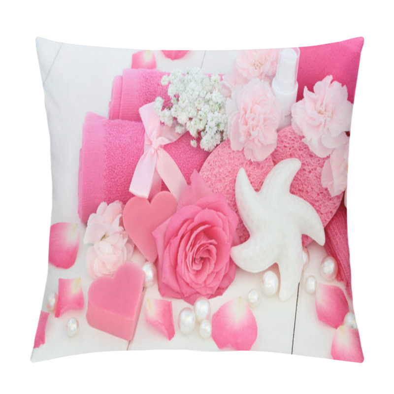 Personality  Beauty Treatment Cleansing Products With Pink Rose And Carnation Flowers, Heart And Shell Shaped Soap, Body Lotion, Sponges, Ex Foliating Scrub And Wash Cloths With Decorative Seashells And Pearls On White Wood Background. Pillow Covers