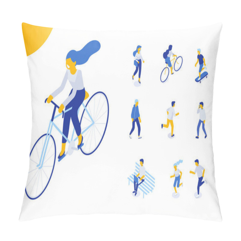 Personality  Flat Isometric Girl Riding Bicycle. Isometric Cycling Girl. Male And Female People Have Outdoor Activity. Flat Vector Characters Isolated On White Background. Pillow Covers