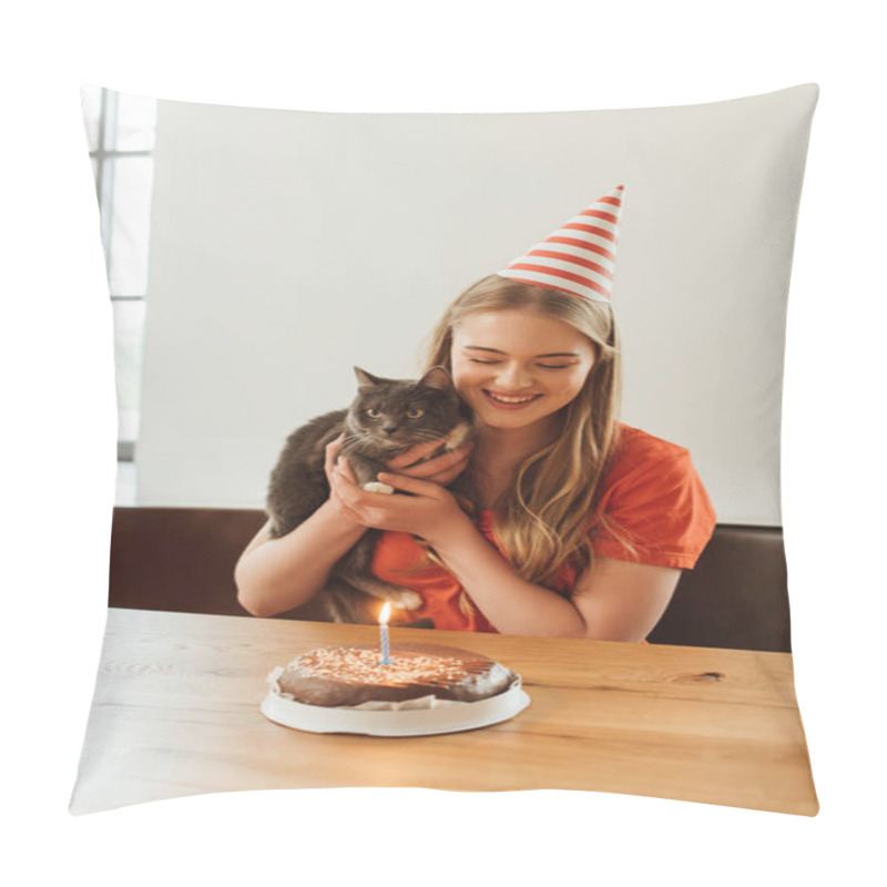 Personality  Happy Girl In Party Cap Looking At Birthday Cake And Holding In Arms Cat  Pillow Covers