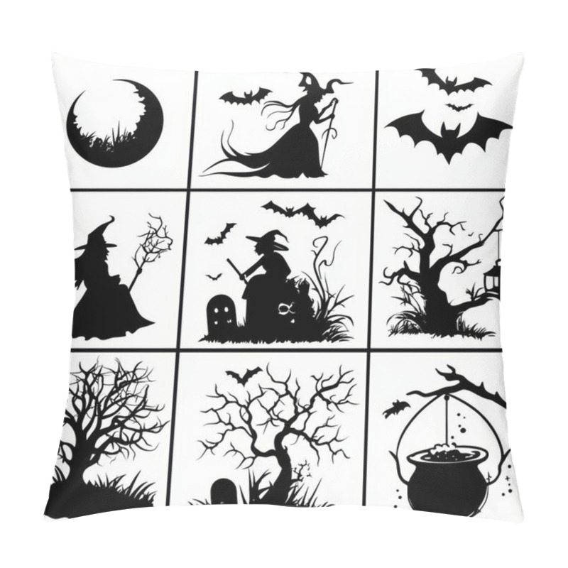 Personality  A Collection Of Spooky Halloween-themed Silhouettes Featuring Witches, Bats, And Eerie Landscapes. Pillow Covers