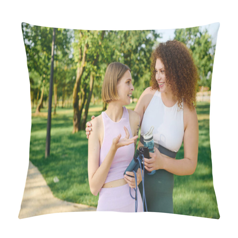 Personality  Two Women Share Laughter And Joy While Spending Quality Time Outdoors. Pillow Covers