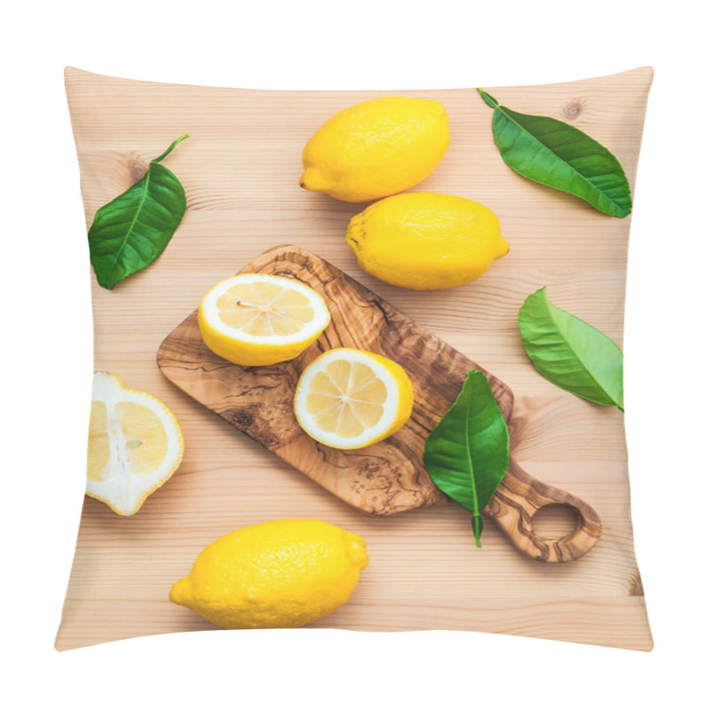 Personality  Fresh Lemons And  Lemons Leaves On Rustic Wooden Background. Fre Pillow Covers