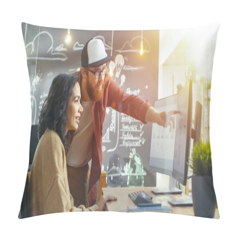 Personality  At The Desk Beautiful Man Programmer Helping Young Woman Developer, Pointing At The Monitor, Together They Design New Mobile Game/ Application. They Work In The Stylish Indie Creative Studio. Pillow Covers