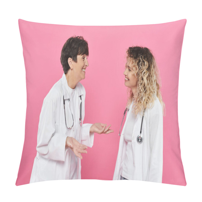 Personality  Happy Female Doctors In White Coats Chatting On Pink Backdrop, Joy, Breast Cancer Awareness, Women Pillow Covers