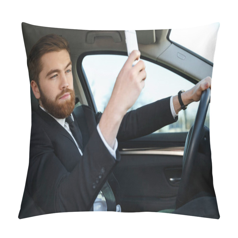 Personality  Side View Of Calm Business Man Making Selfie Pillow Covers