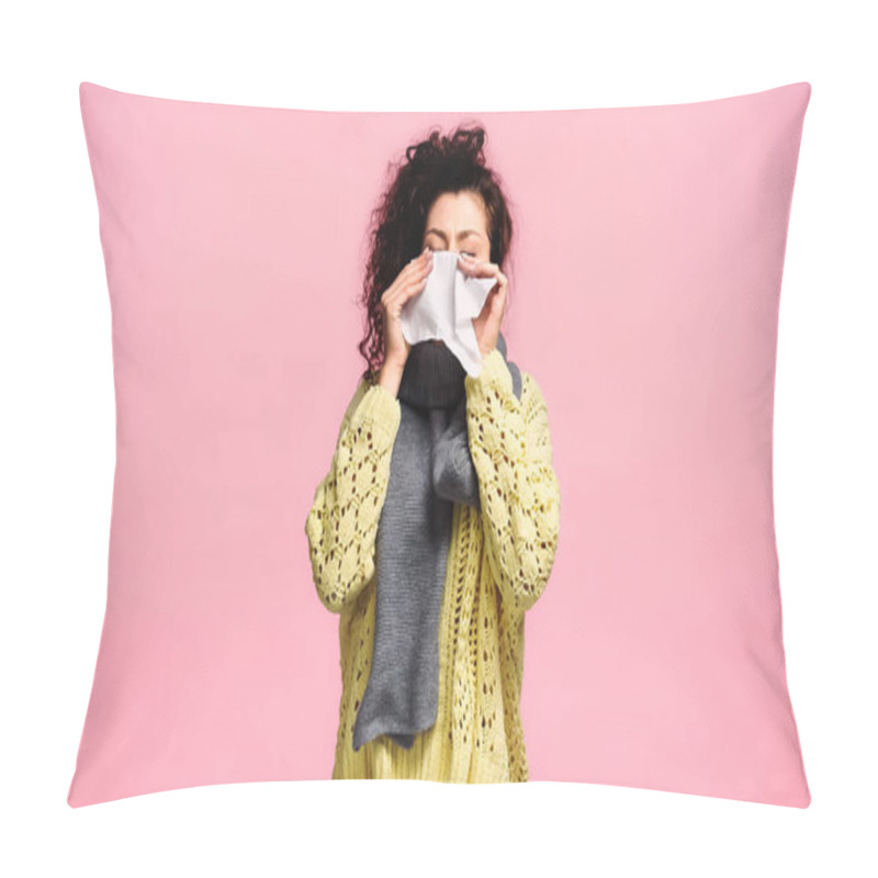 Personality  Sick Woman Sneezing In Paper Napkin With Closed Eyes Isolated On Pink Pillow Covers