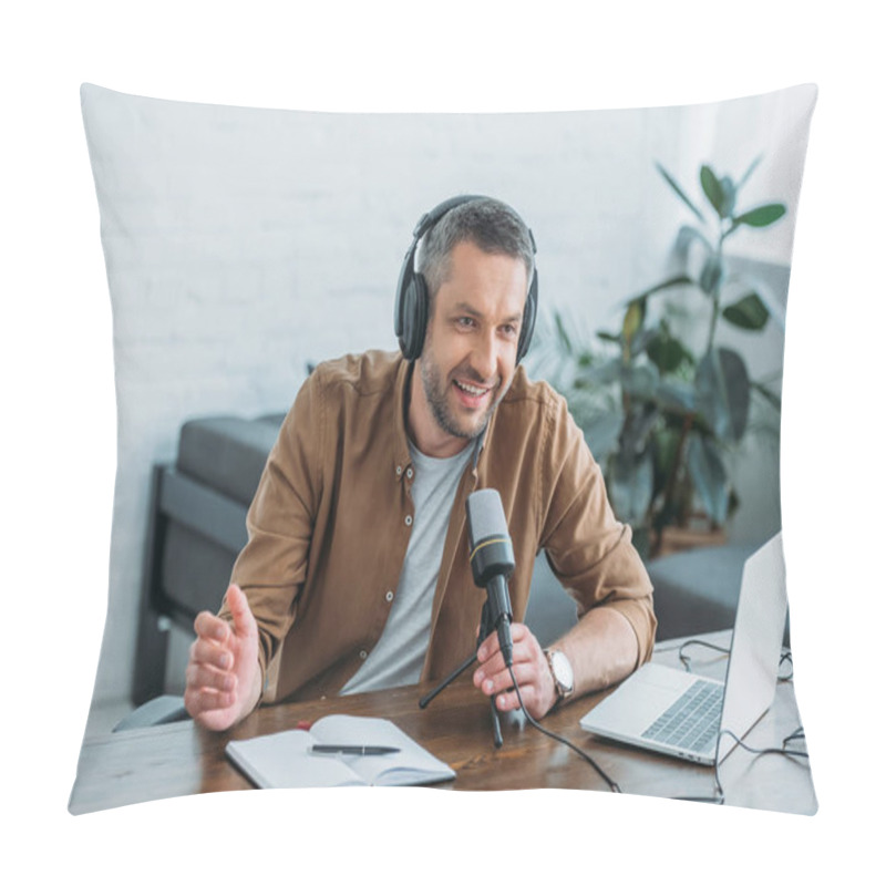 Personality  Handsome Radio Host Smiling While Speaking In Microphone In Broadcasting Studio Pillow Covers