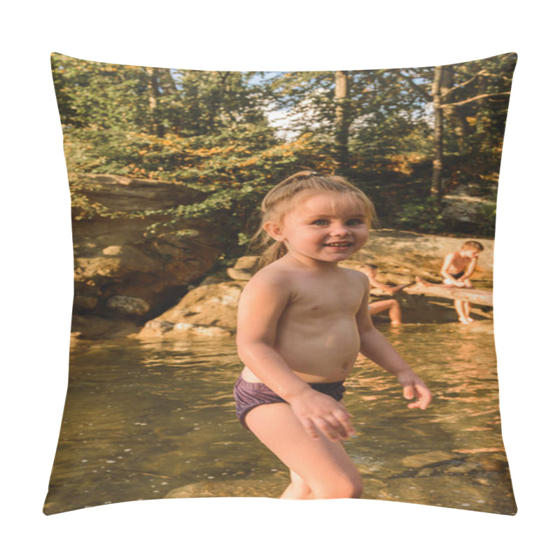 Personality  Little Cute Beautiful Girl Swims In A Mountain River. Pillow Covers