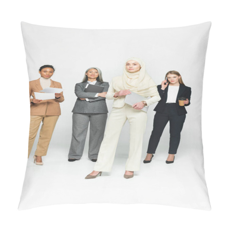 Personality  Attractive Multicultural Businesswomen Near Arabian Woman With Laptop On White  Pillow Covers