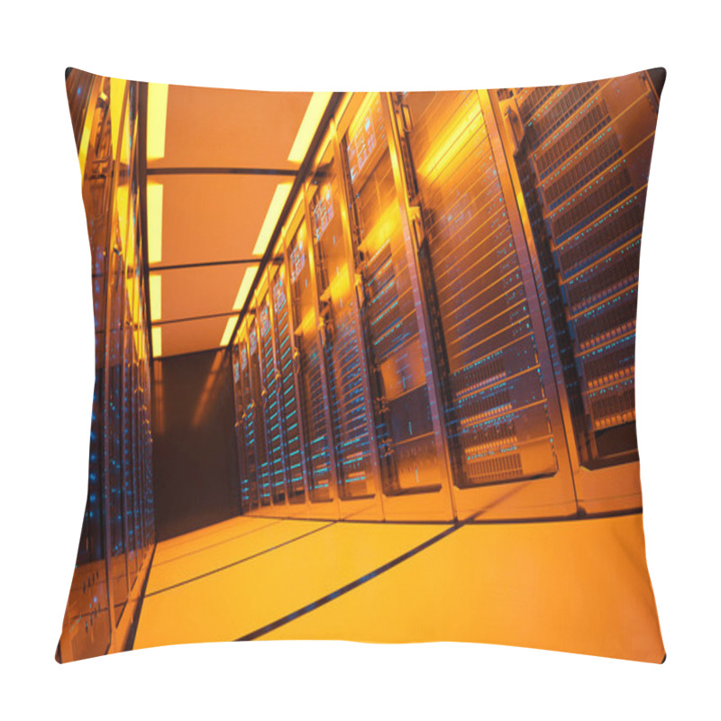 Personality  A Detailed View Of A Cutting-edge Data Center, Illuminated In Orange, Showcasing Rows Of Server Racks, Advanced Networking Equipment, And Dynamic Holographic Cybersecurity Displays. Pillow Covers