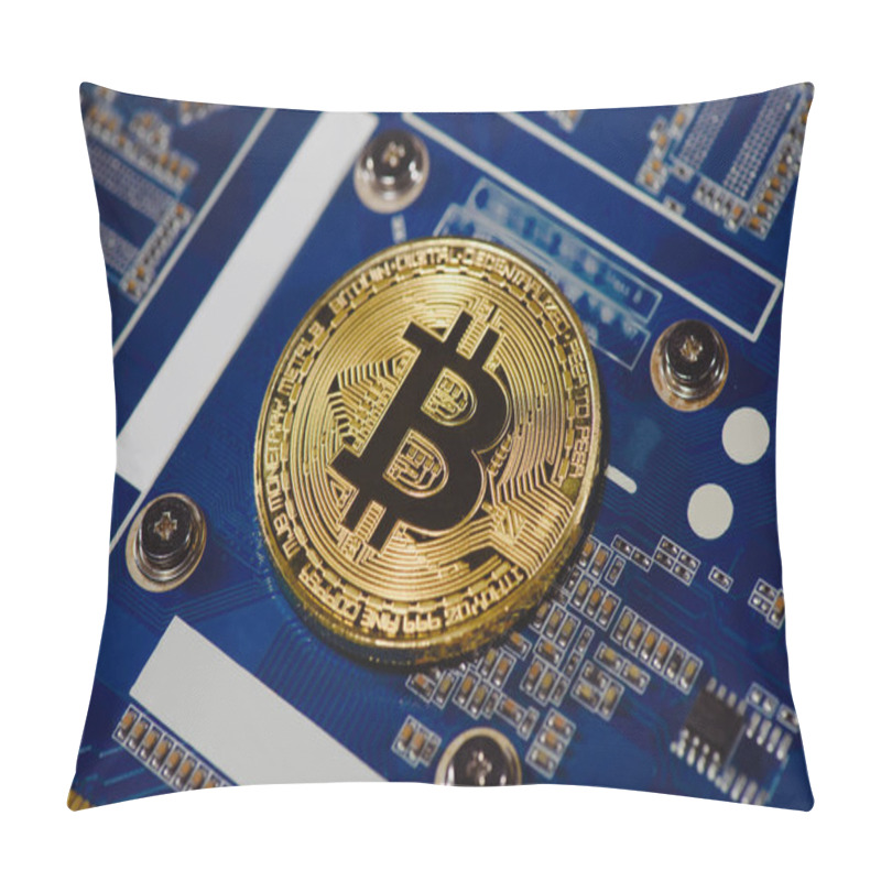 Personality  Close Up View Of Golden Bitcoin On Computer Motherboard Pillow Covers