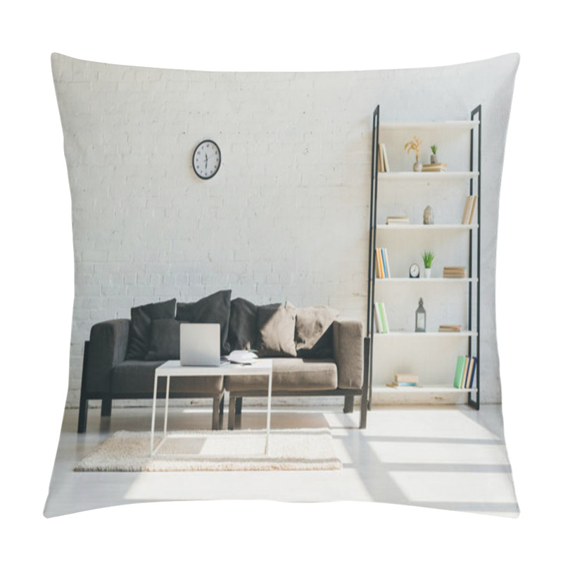 Personality  Living Room With Grey Sofa, Clock, Shelf And Table With Laptop In Sunlight Pillow Covers