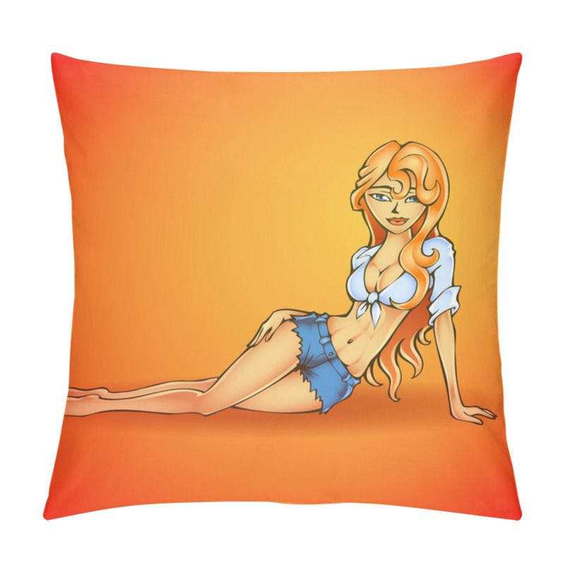 Personality  Beautiful Girl In Jeans Shorts Sitting On Orange Background. Vector Pillow Covers