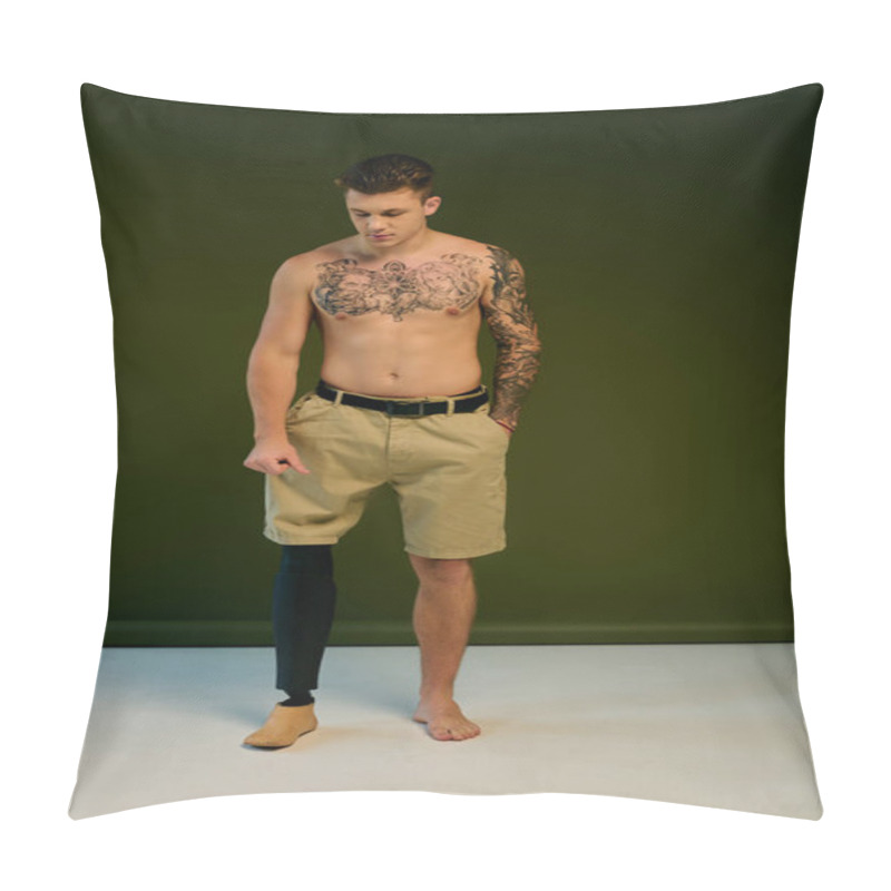 Personality  A Tattooed Young Man Stands Confidently In A Studio, Highlighting His Prosthetic Leg And Unique Style. Pillow Covers