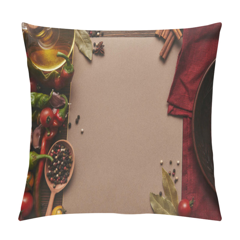 Personality  Top View Of Blank Card, Spices And Vegetables On Wooden Surface Pillow Covers