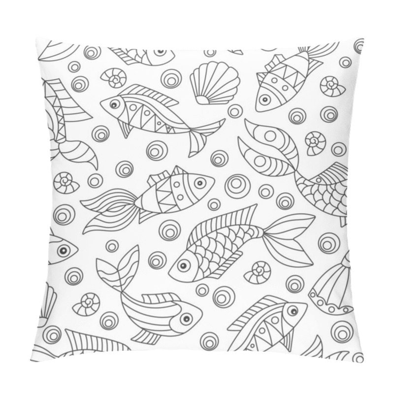 Personality  Seamless Pattern On A Marine Theme With Fish And Shells, Dark Contour Fishes On A White Background Pillow Covers